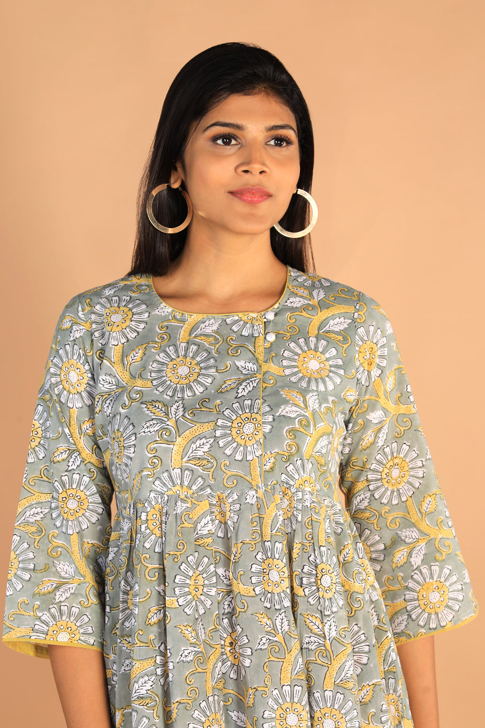 Image of Gathered Sanganeri hand Block printed cotton dress