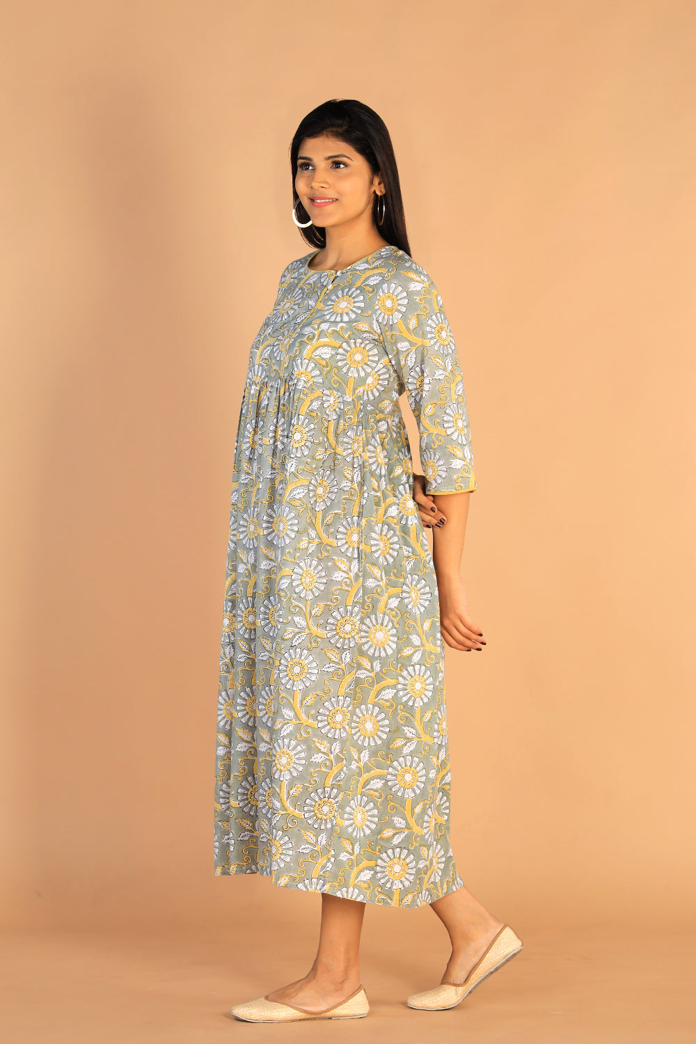 Image of Gathered Sanganeri hand Block printed cotton dress