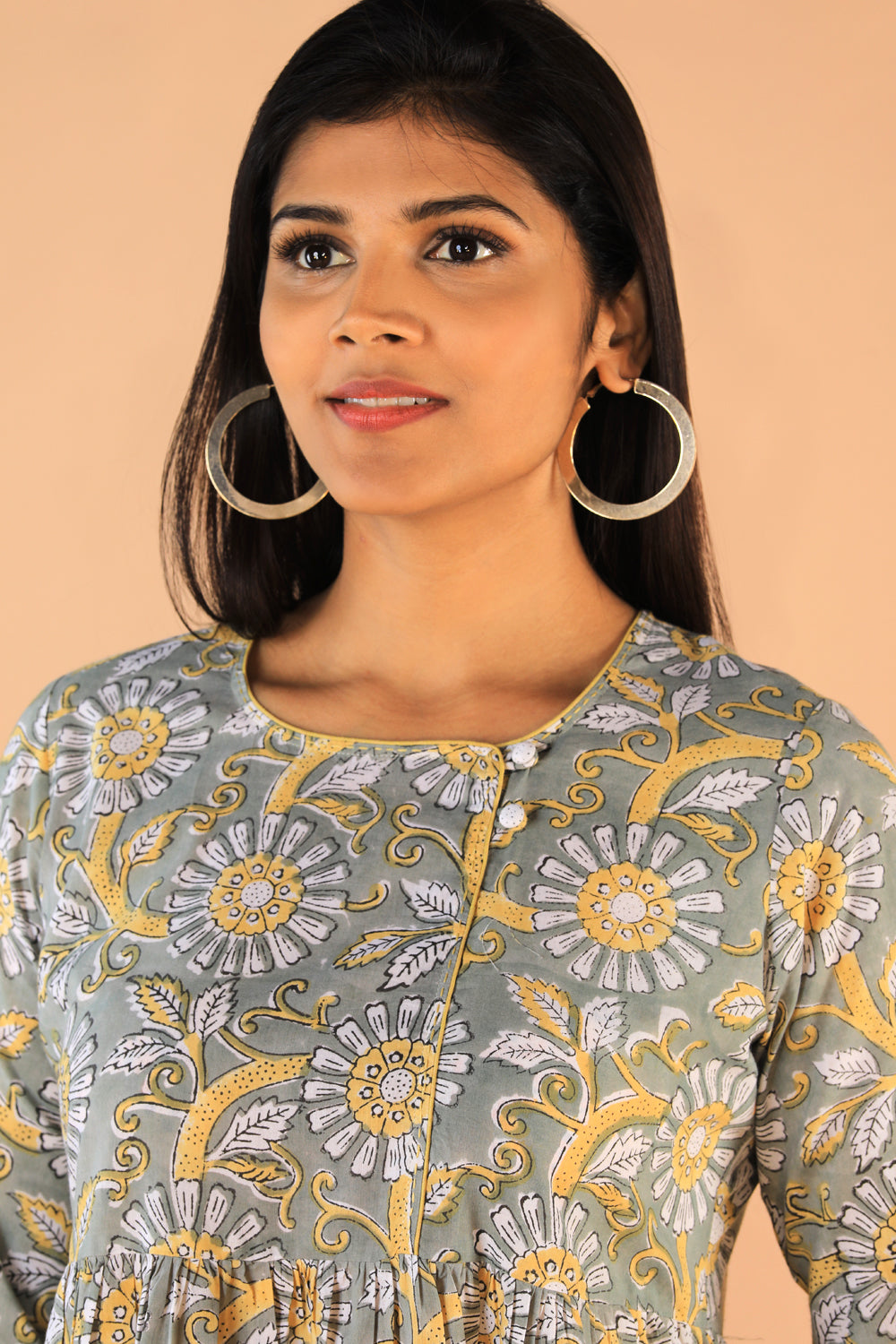 Image of Gathered Sanganeri hand Block printed cotton dress