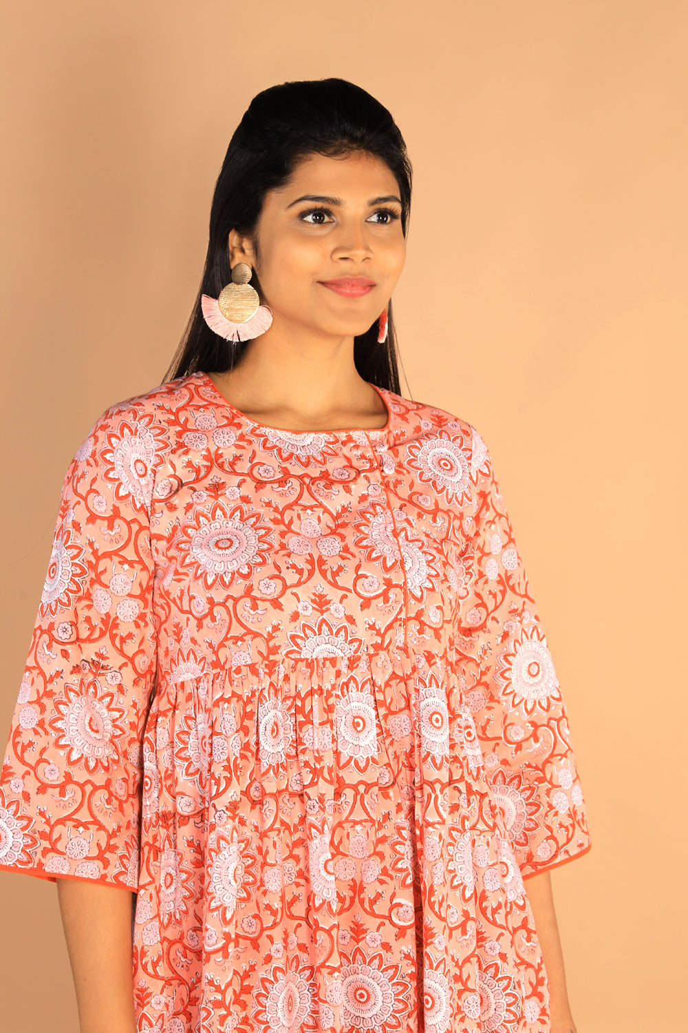 Image of Floral Gathered Sanganeri hand block printed cotton dress