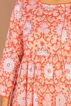 Image of Floral Sanganeri hand block printed cotton dress