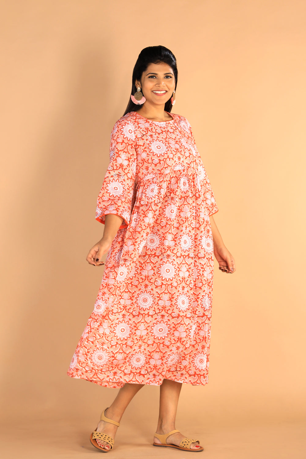 Image of Floral Gathered Sanganeri hand block printed cotton dress