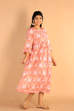 Image of Floral Sanganeri hand block printed cotton dress