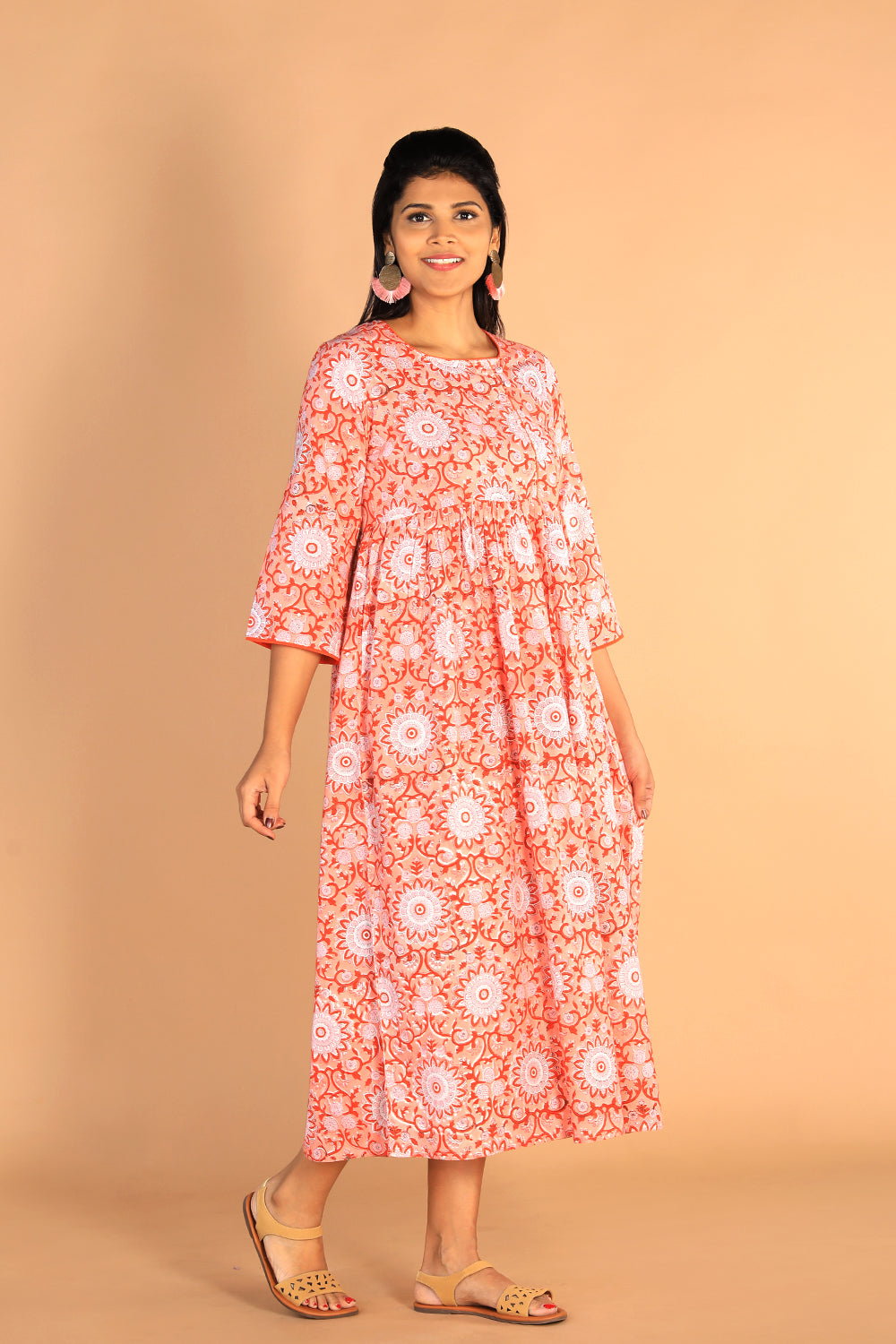 Image of Floral Gathered Sanganeri hand block printed cotton dress