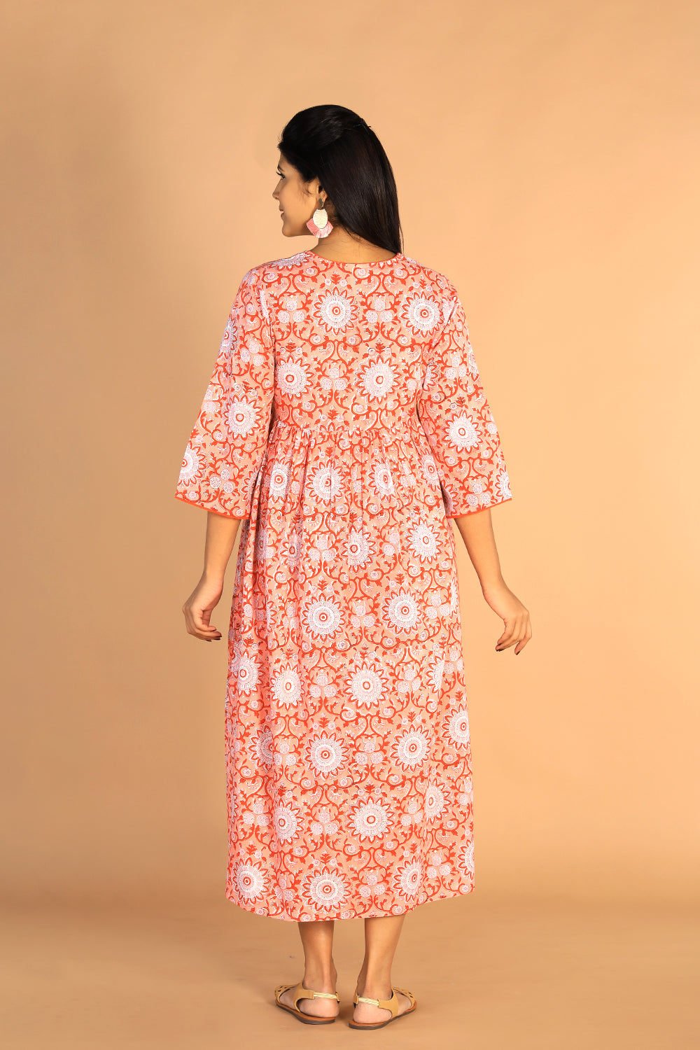 Image of Floral Gathered Sanganeri hand block printed cotton dress