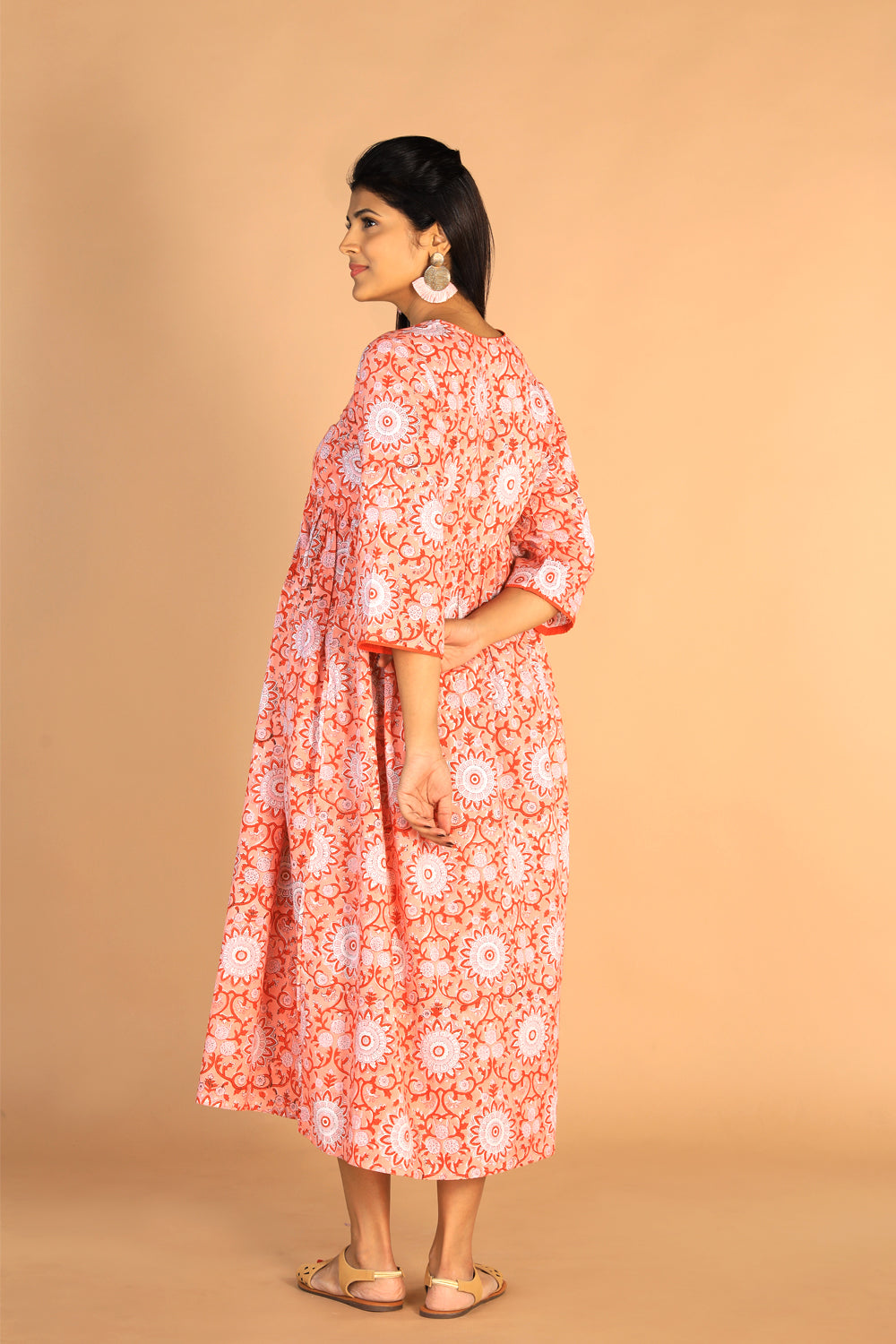 Image of Floral Gathered Sanganeri hand block printed cotton dress