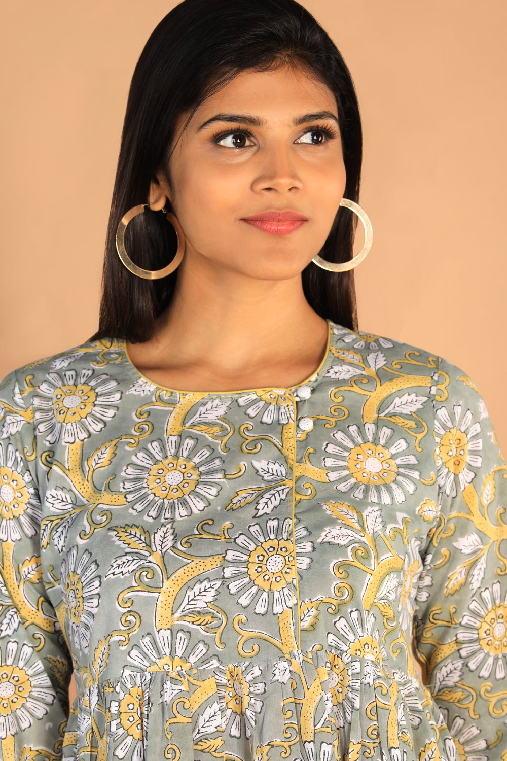 Image of Gathered Sanganeri hand Block printed cotton dress