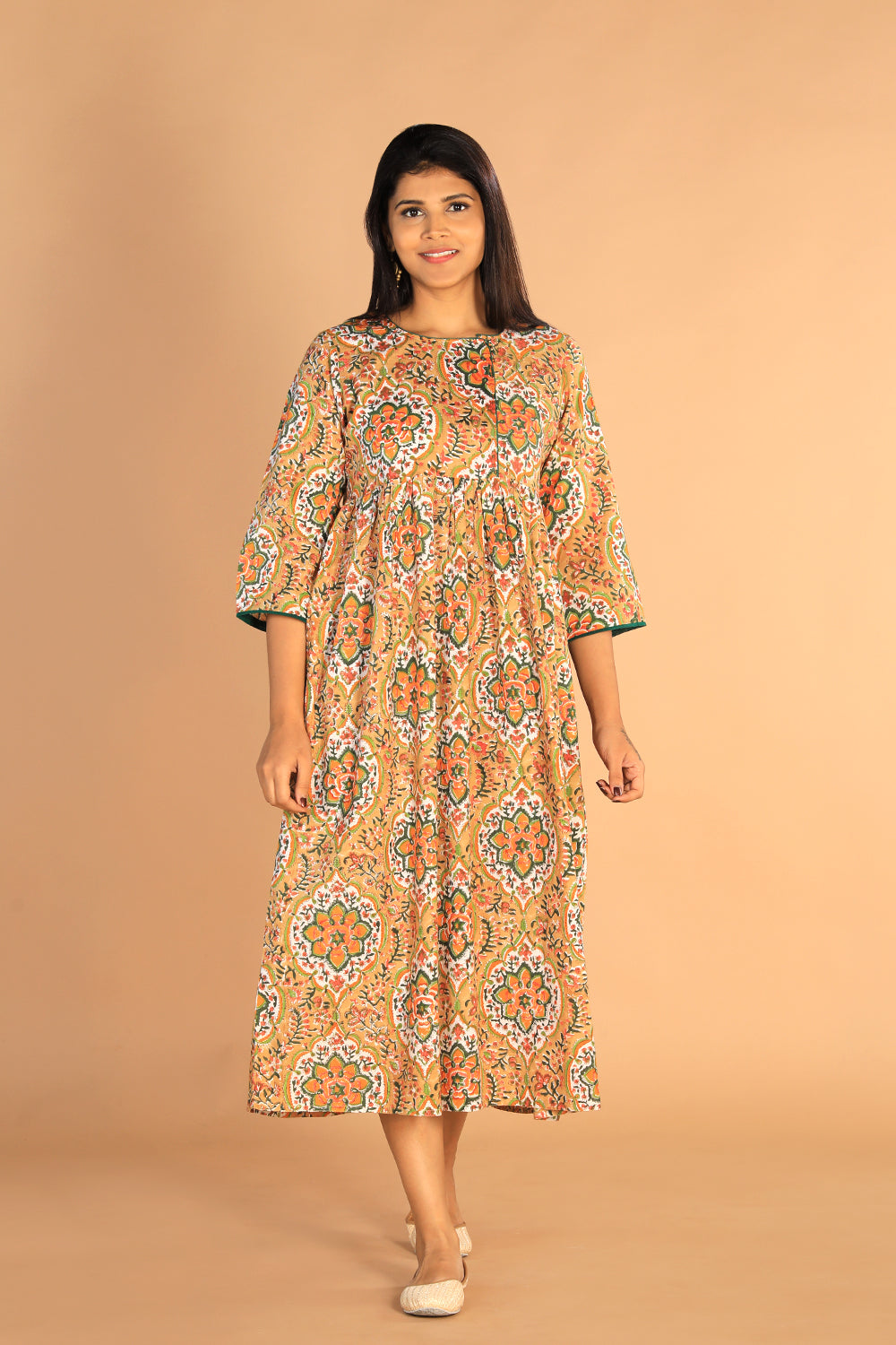 Floral Sanganeri hand block printed cotton dress Kalanjali