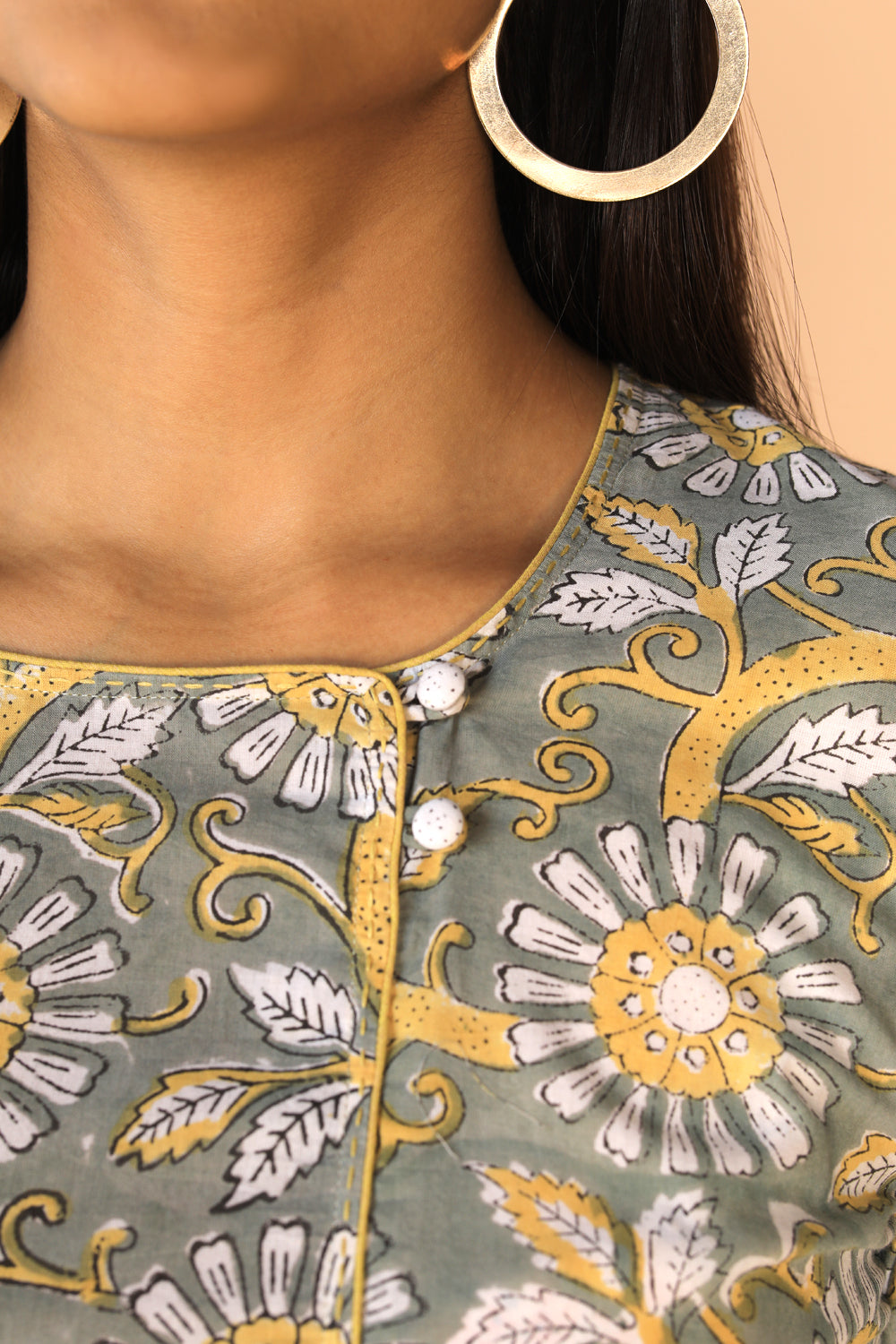 Image of Gathered Sanganeri hand Block printed cotton dress