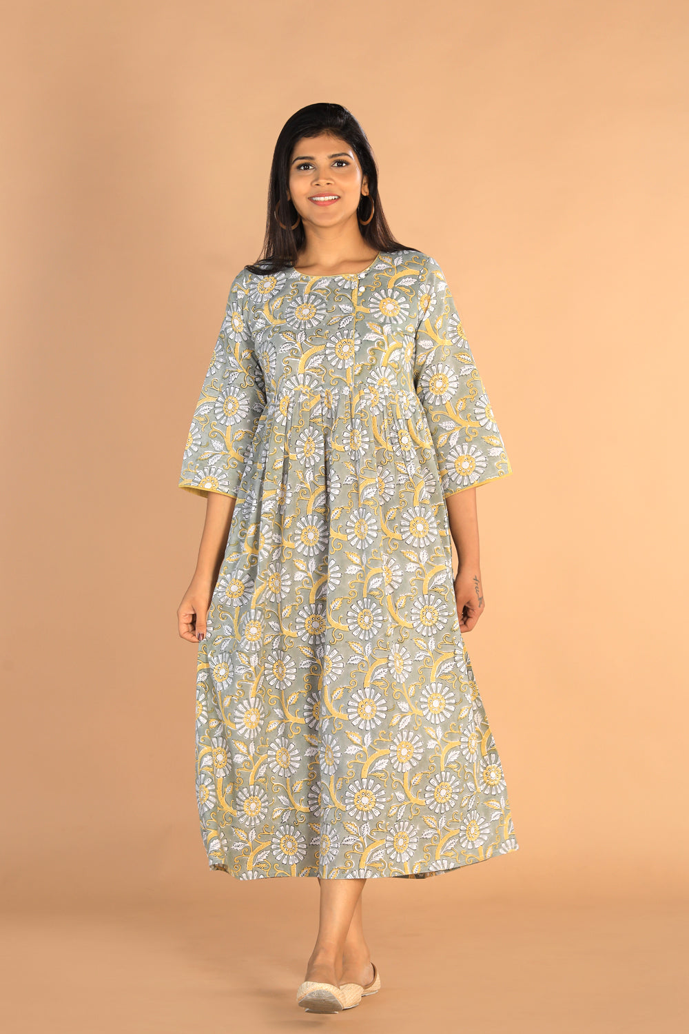 Image of Gathered Sanganeri hand Block printed cotton dress