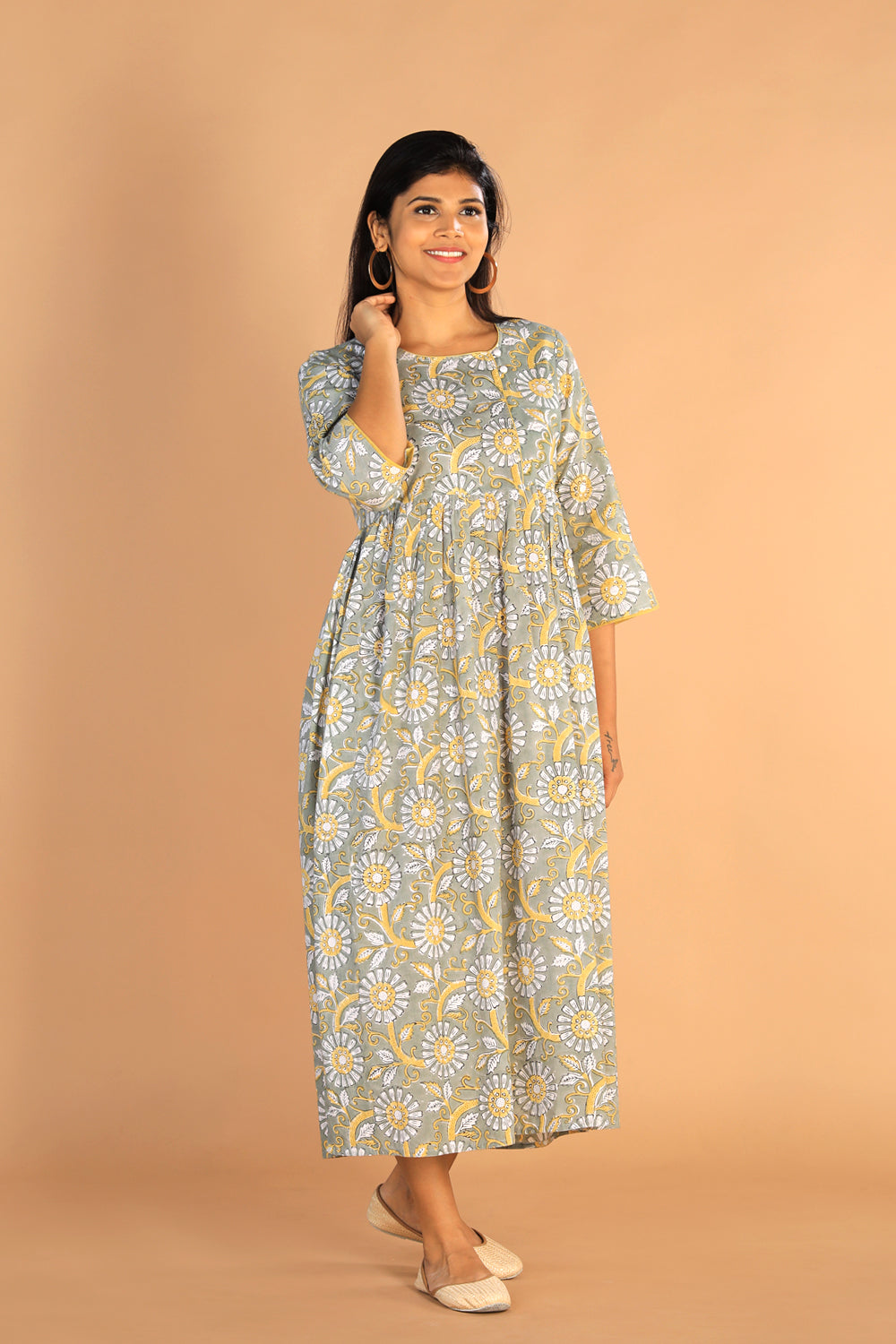 Image of Gathered Sanganeri hand Block printed cotton dress