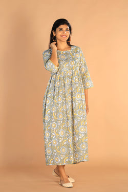 Image of Floral Sanganeri hand block printed cotton dress