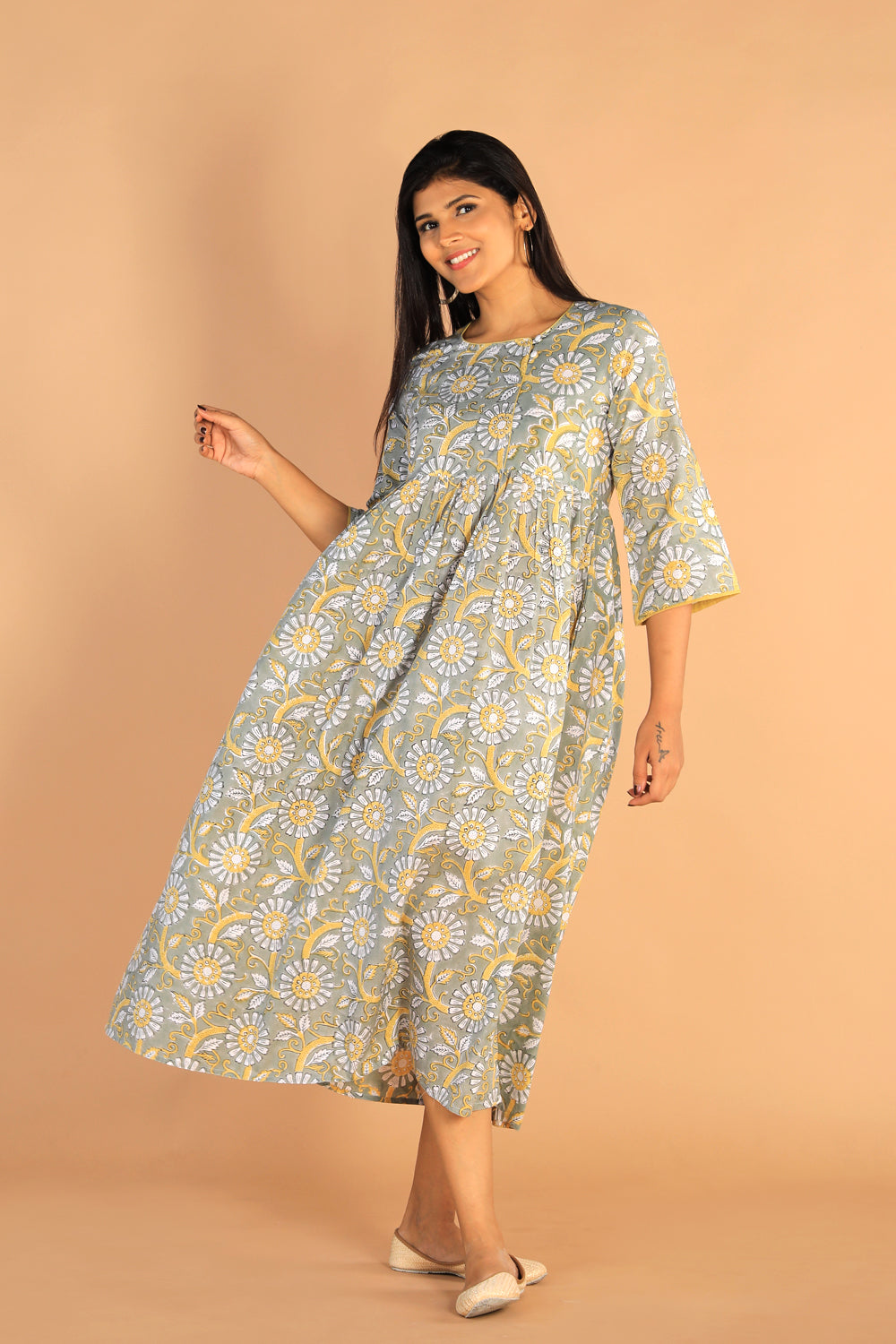 Image of Gathered Sanganeri hand Block printed cotton dress