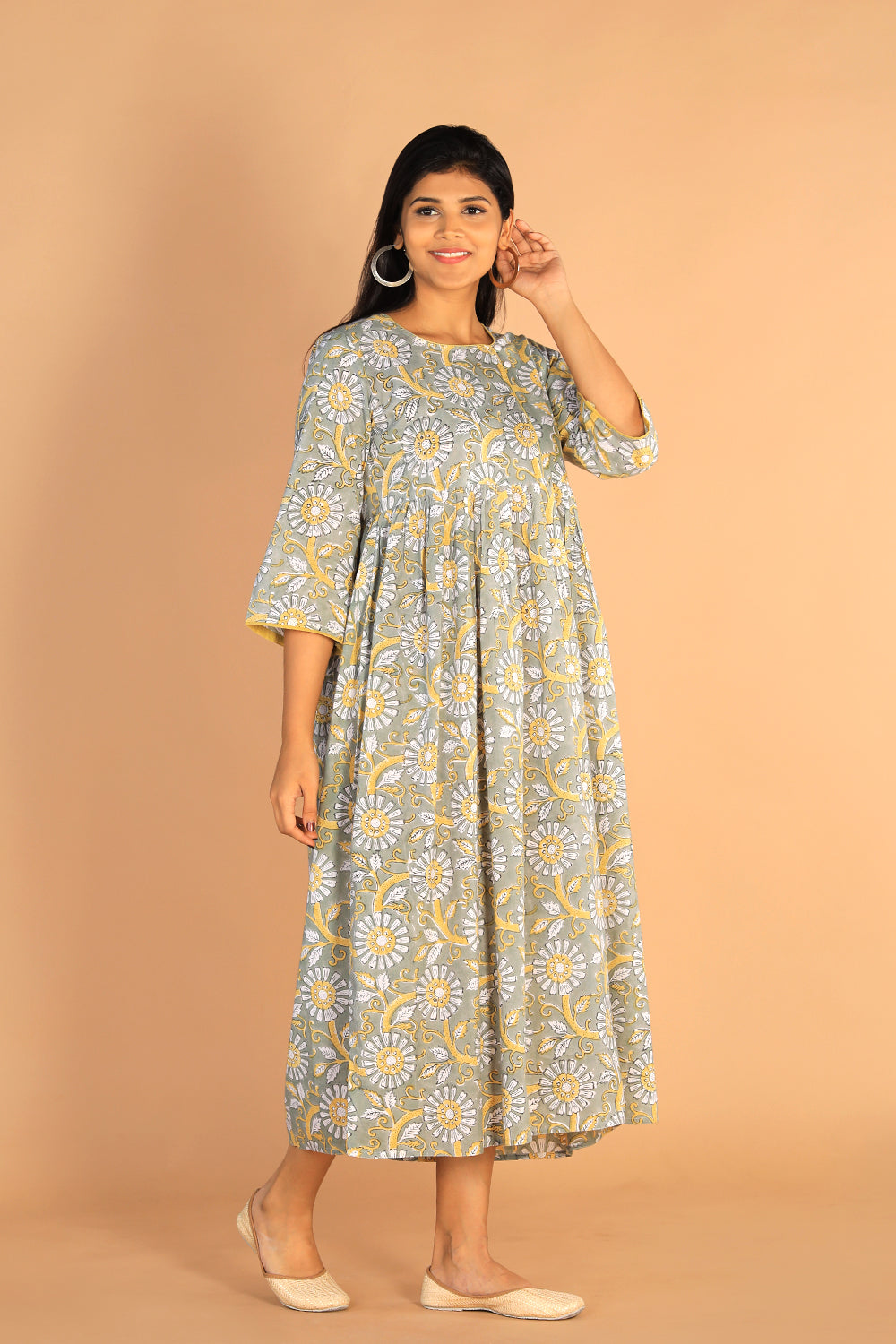 Image of Gathered Sanganeri hand Block printed cotton dress