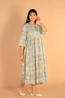 Image of Floral Sanganeri hand block printed cotton dress