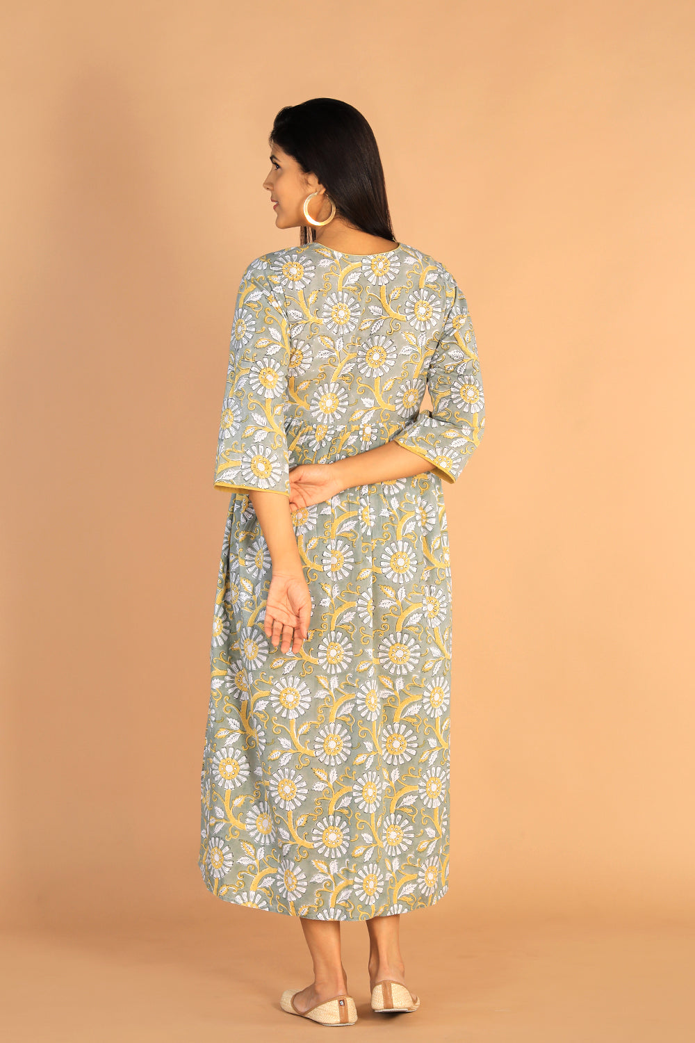 Image of Gathered Sanganeri hand Block printed cotton dress