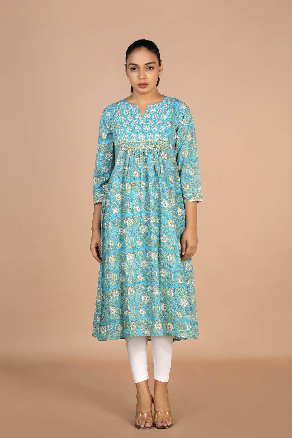 Floral sky blue Sanganeri handblock printed cotton Kurti