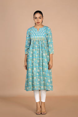 Image of Floral sky blue Sanganeri handblock printed cotton Kurti