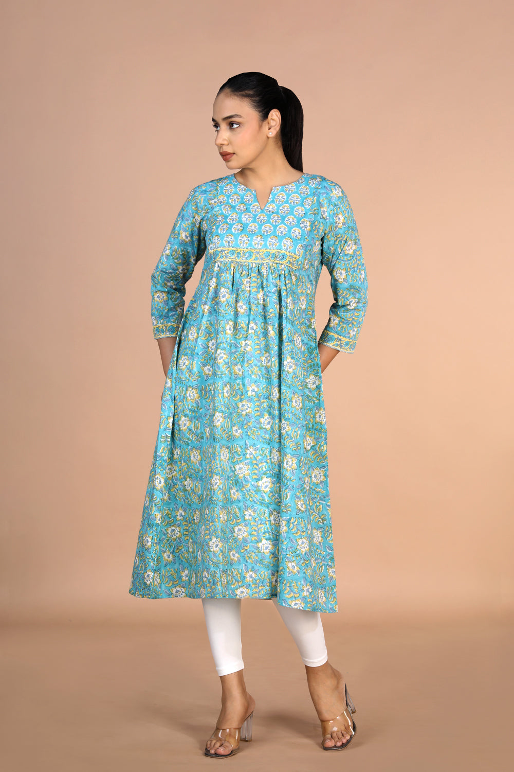 Floral sky blue Sanganeri handblock printed cotton Kurti