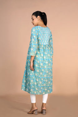 Image of Floral sky blue Sanganeri handblock printed cotton Kurti