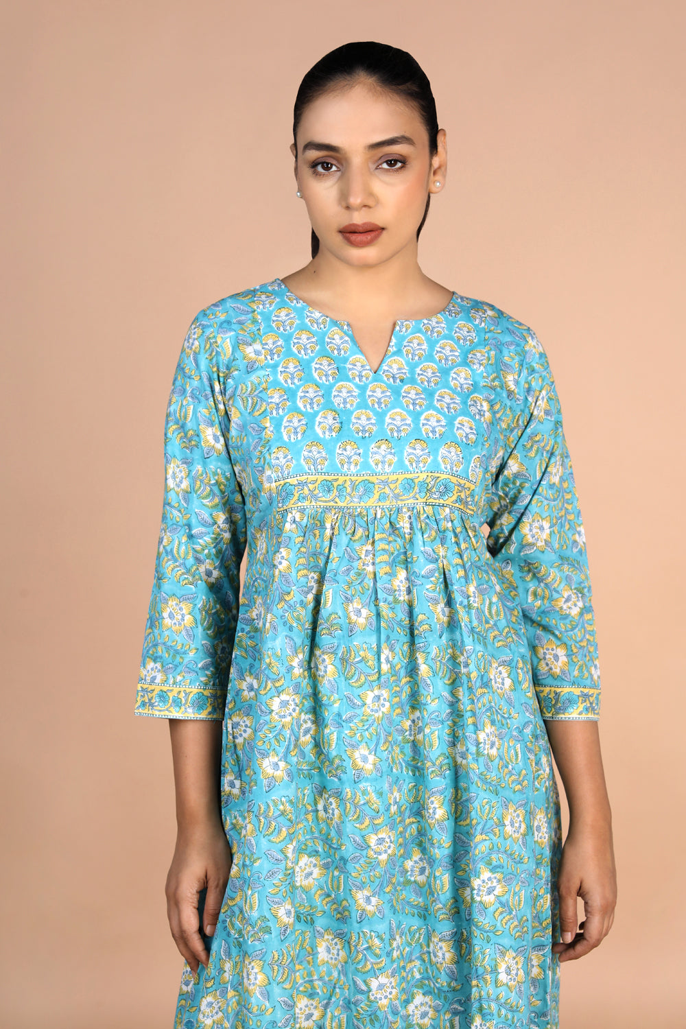 Floral sky blue Sanganeri handblock printed cotton Kurti