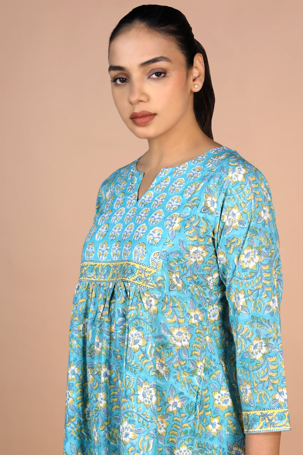 Floral sky blue Sanganeri handblock printed cotton Kurti