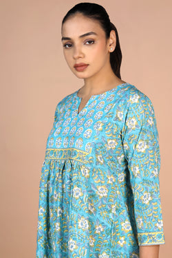 Image of Floral sky blue Sanganeri handblock printed cotton Kurti