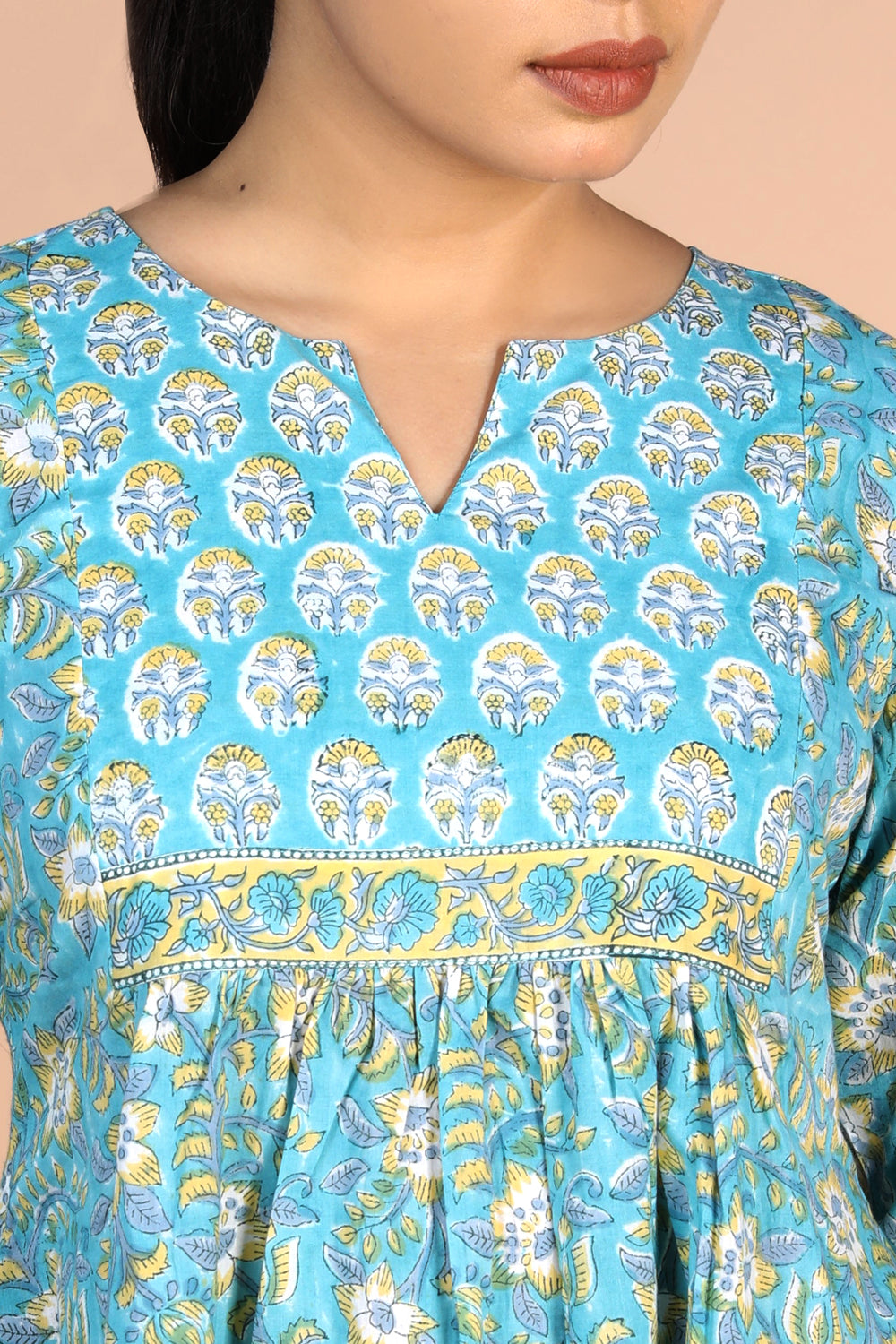 Floral sky blue Sanganeri handblock printed cotton Kurti