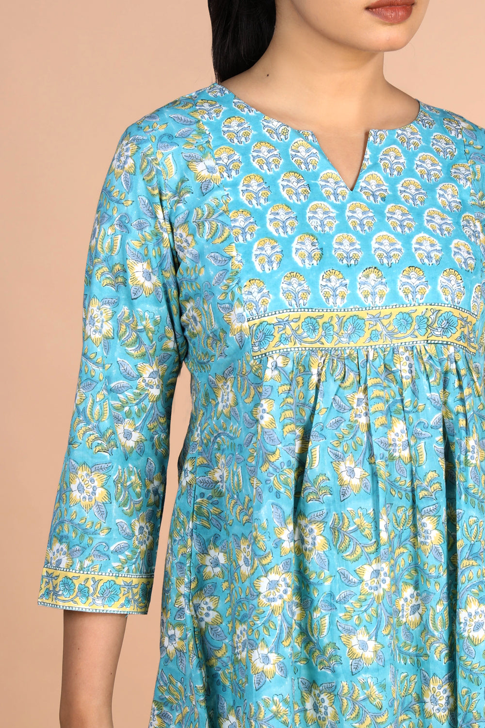 Floral sky blue Sanganeri handblock printed cotton Kurti