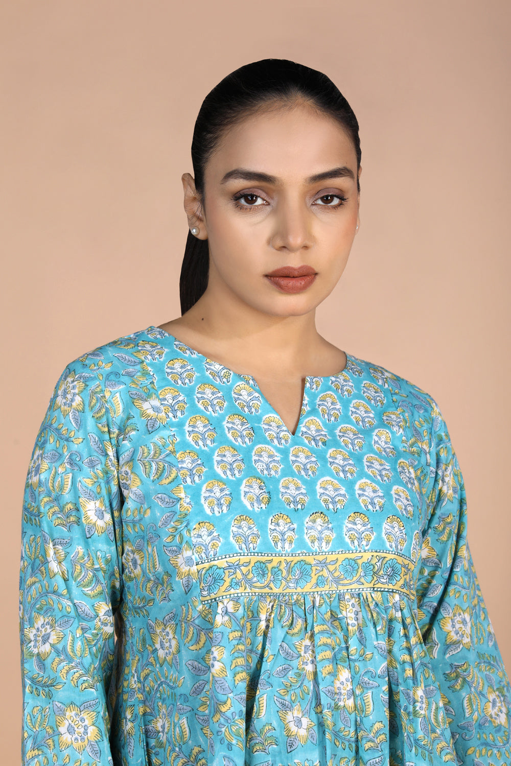 Floral sky blue Sanganeri handblock printed cotton Kurti