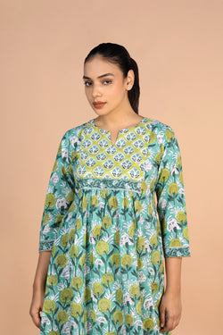 Image of Floral Aqua blue Sanganeri handblock printed cotton Kurti