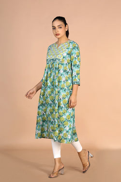 Image of Floral Aqua blue Sanganeri handblock printed cotton Kurti