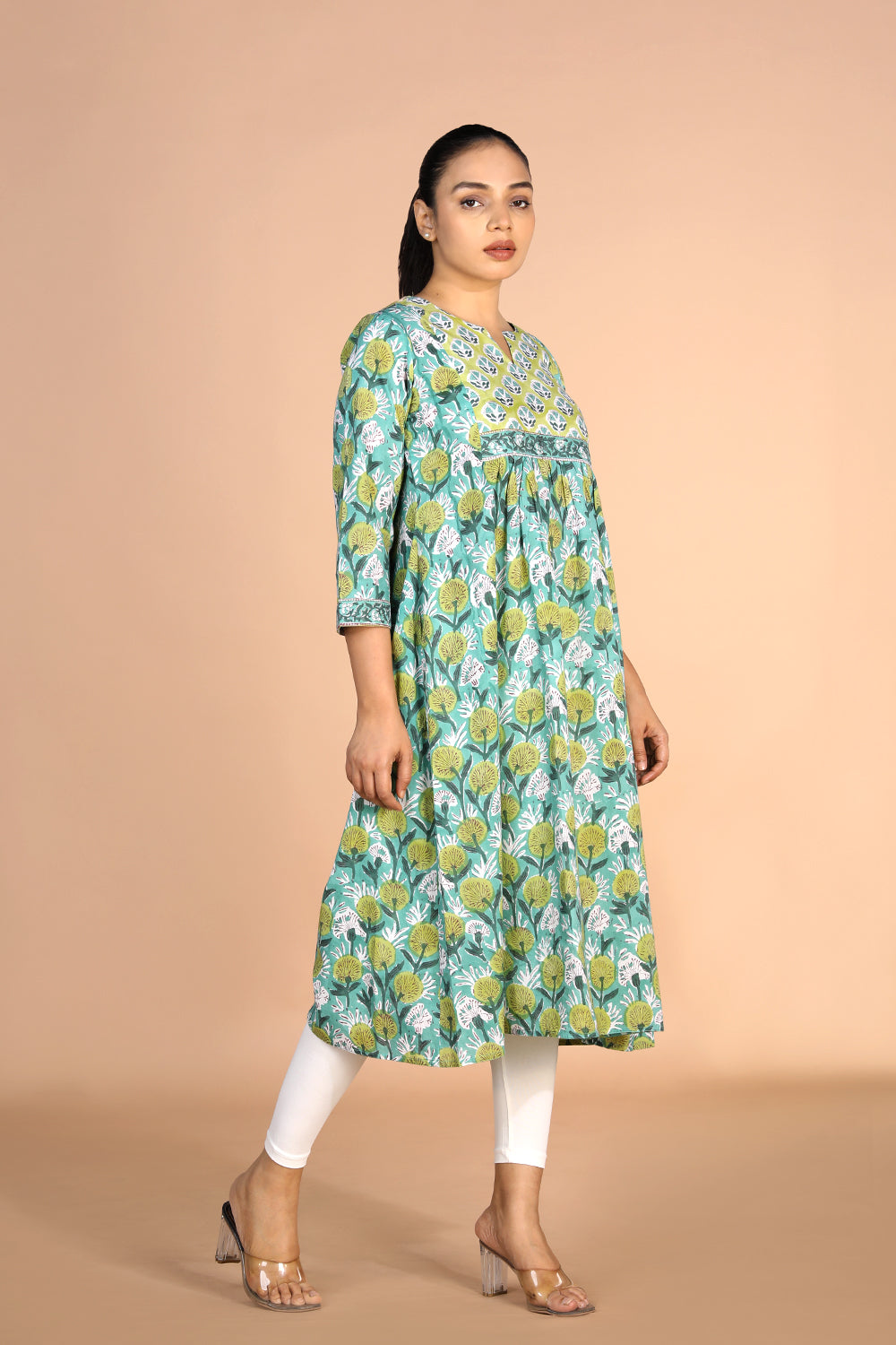 Floral Aqua blue Sanganeri handblock printed cotton Kurti