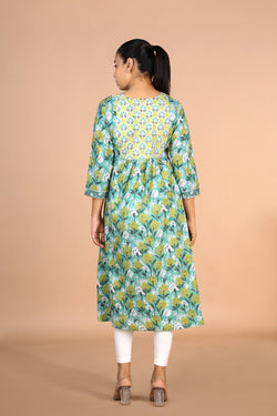 Image of Floral Aqua blue Sanganeri handblock printed cotton Kurti