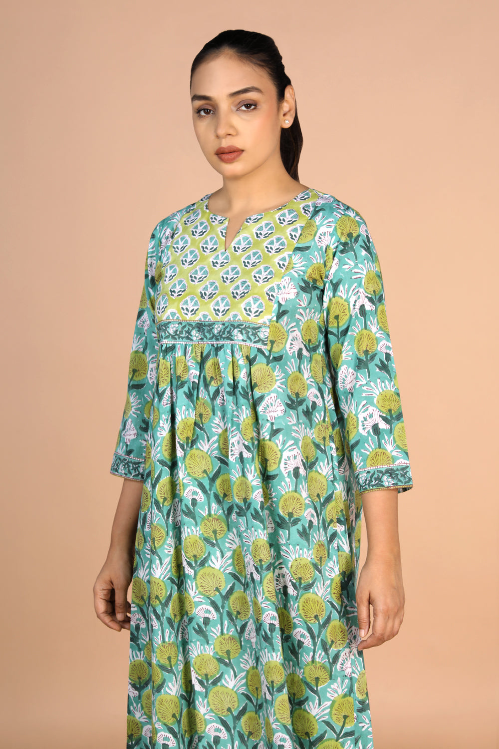 Floral Aqua blue Sanganeri handblock printed cotton Kurti