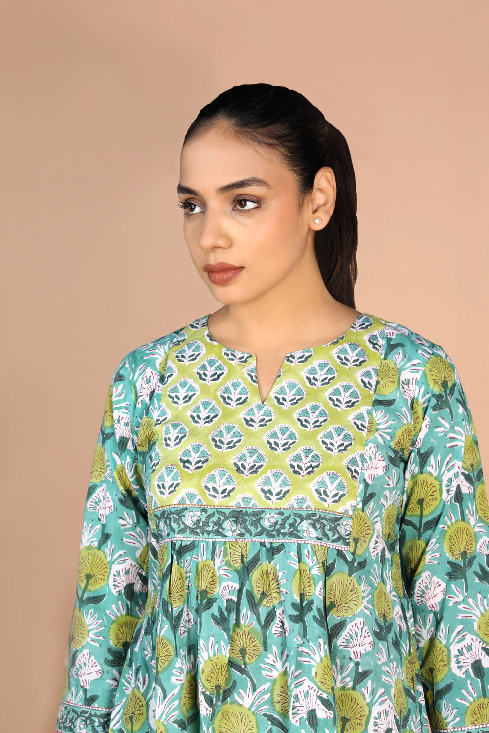 Floral Aqua blue Sanganeri handblock printed cotton Kurti