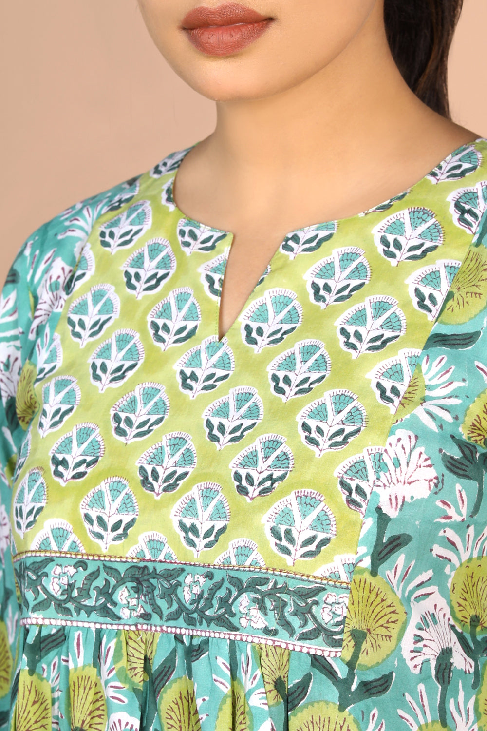 Floral Aqua blue Sanganeri handblock printed cotton Kurti