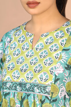 Image of Floral Aqua blue Sanganeri handblock printed cotton Kurti