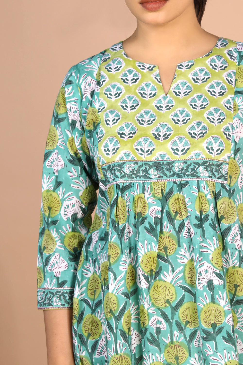 Floral Aqua blue Sanganeri handblock printed cotton Kurti