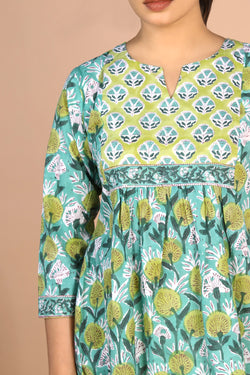 Image of Floral Aqua blue Sanganeri handblock printed cotton Kurti