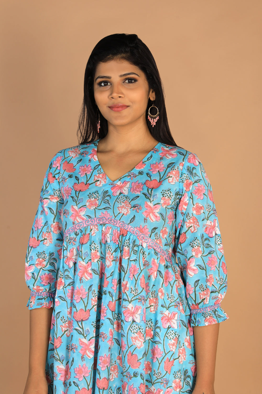 Collection of Block printed gathered cotton short kurti in a gallery layout