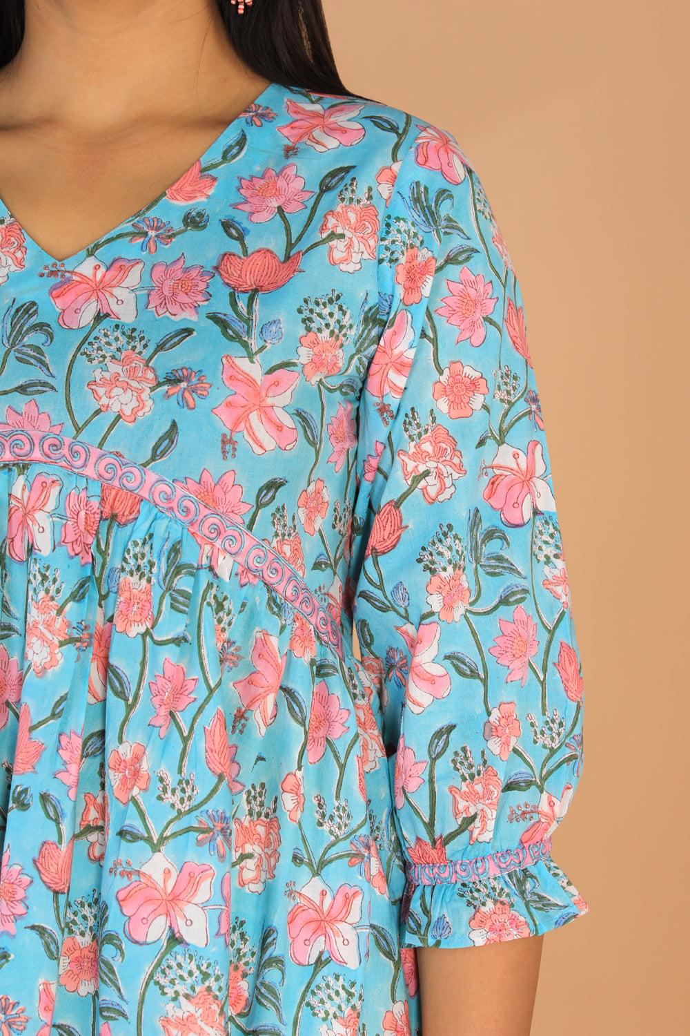 Image of Hand Block printed gathered cotton short kurti