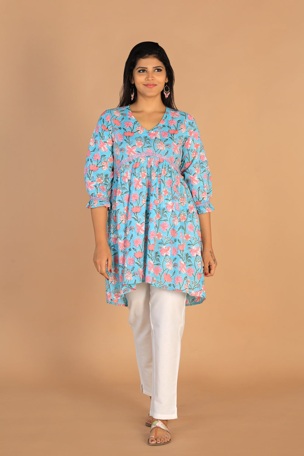 Collection of Block printed gathered cotton short kurti in a gallery layout