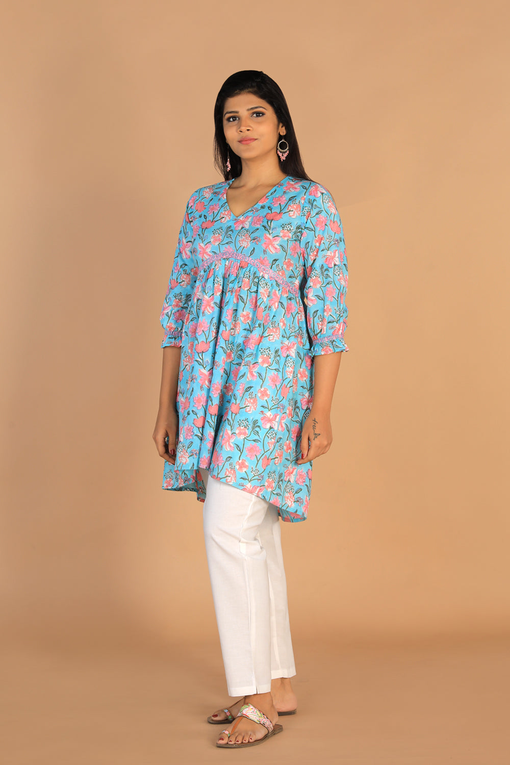 Image of Hand Block printed gathered cotton short kurti