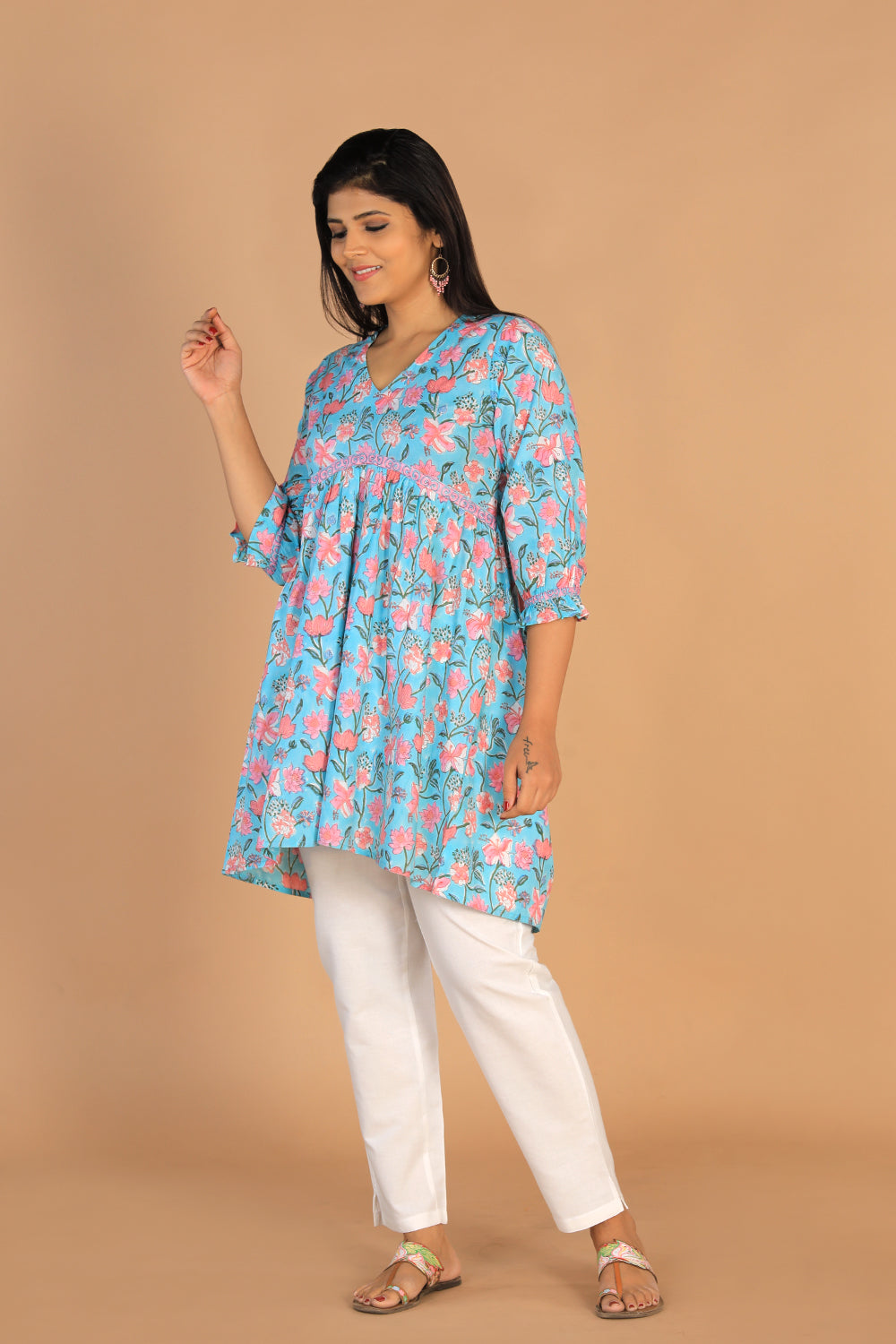 Collection of Block printed gathered cotton short kurti in a gallery layout