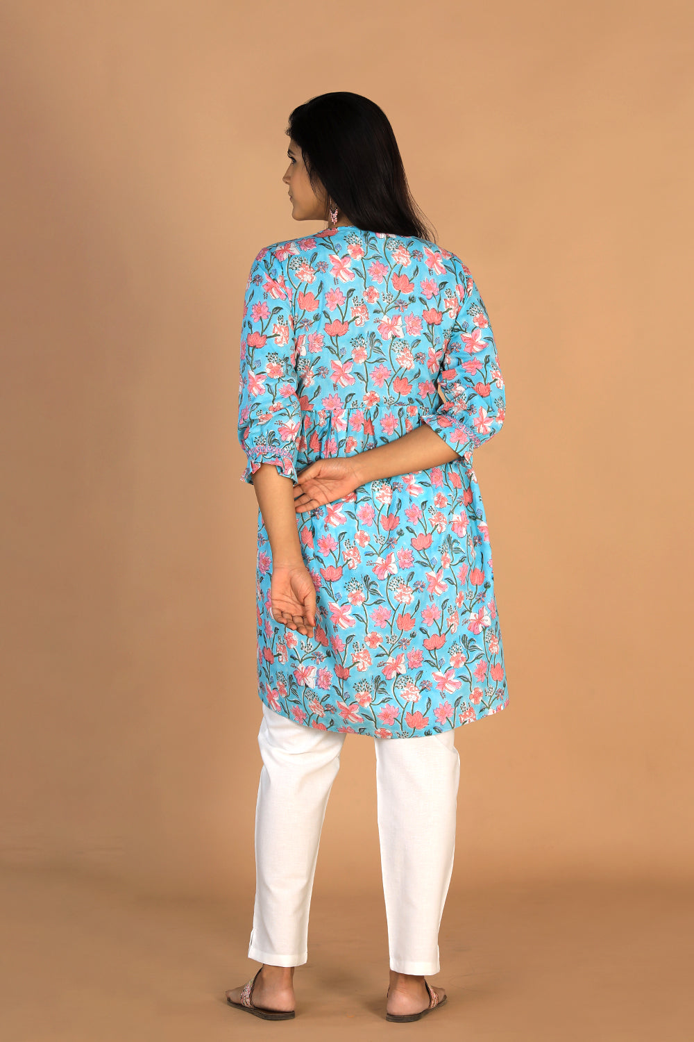 Collection of Block printed gathered cotton short kurti in a gallery layout