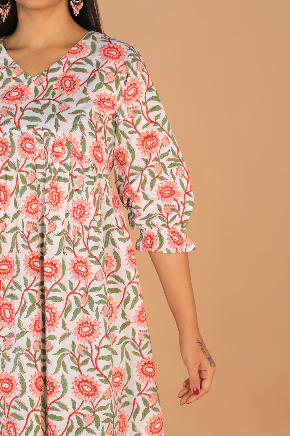Image of Block printed gathered cotton short kurti