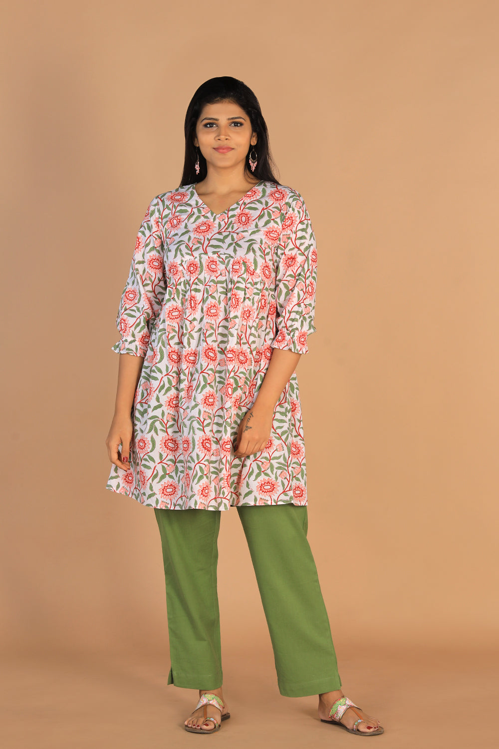 Collection of Block printed gathered cotton short kurti in a gallery layout