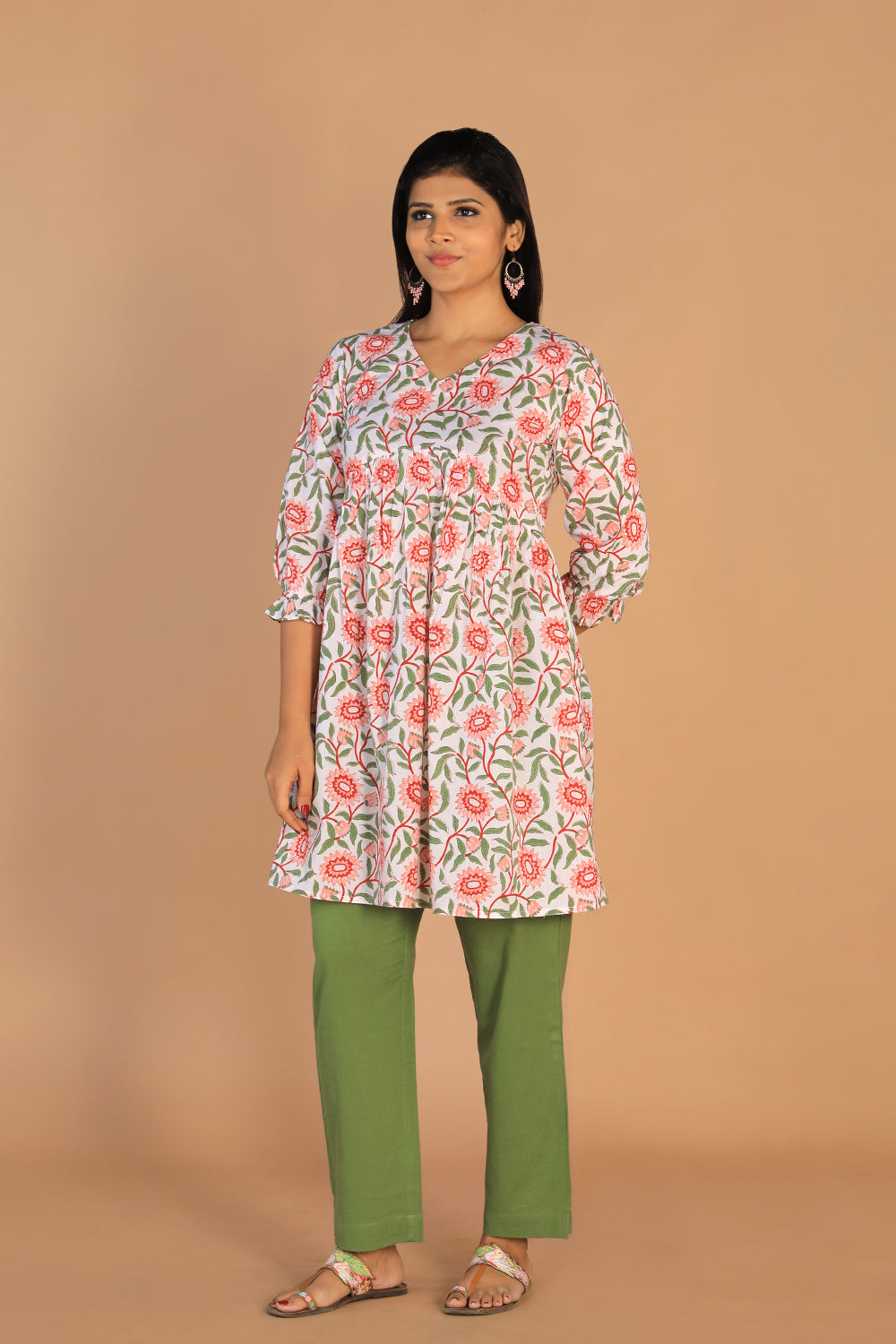 Image of Block printed gathered cotton short kurti