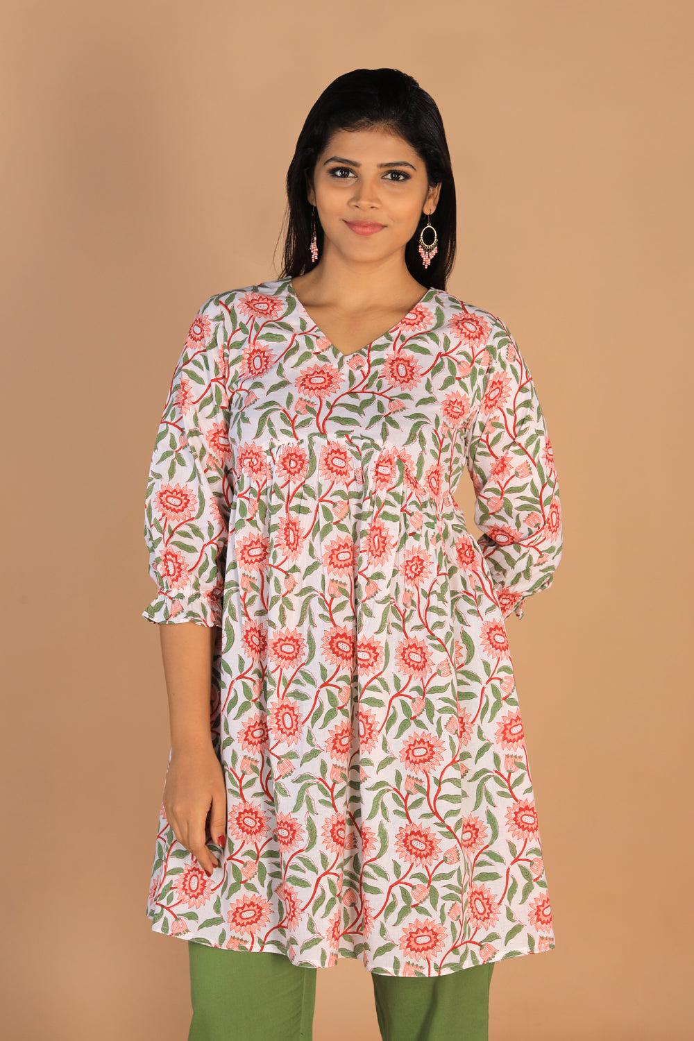 Collection of Block printed gathered cotton short kurti in a gallery layout